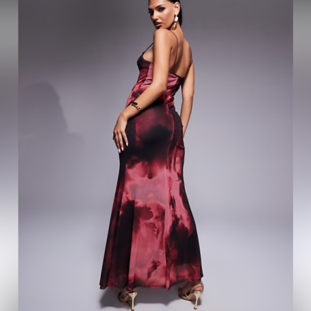 ASOS DESIGN mesh cupped detail fishtail maxi dress in pink abstract print 4
